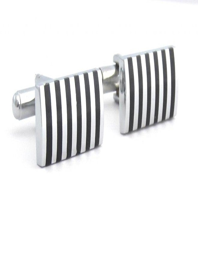 Zivom® Rectangle Black Stripes Lines Silver Classic Office Corporate Formal Party French Cufflink Pair Men Shirt Suit Blazer In Gift Box - Image 1