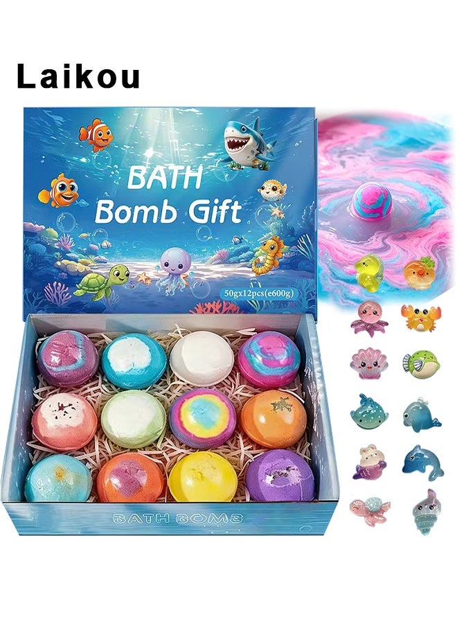 Laikou Ocean Toy Bath Salt Ball Sleeve Box Bath Bombs, Bath Bombs With Surprise Inside, 6/12 Pack Fizzy Bubble Bath Gift Set, Dinosaur Egg & Ocean Theme Bath Fizzies, Natural Sea Salt Color Changing Spa Easter Bath Balls (Sea Animal 12Pack) - Image 1