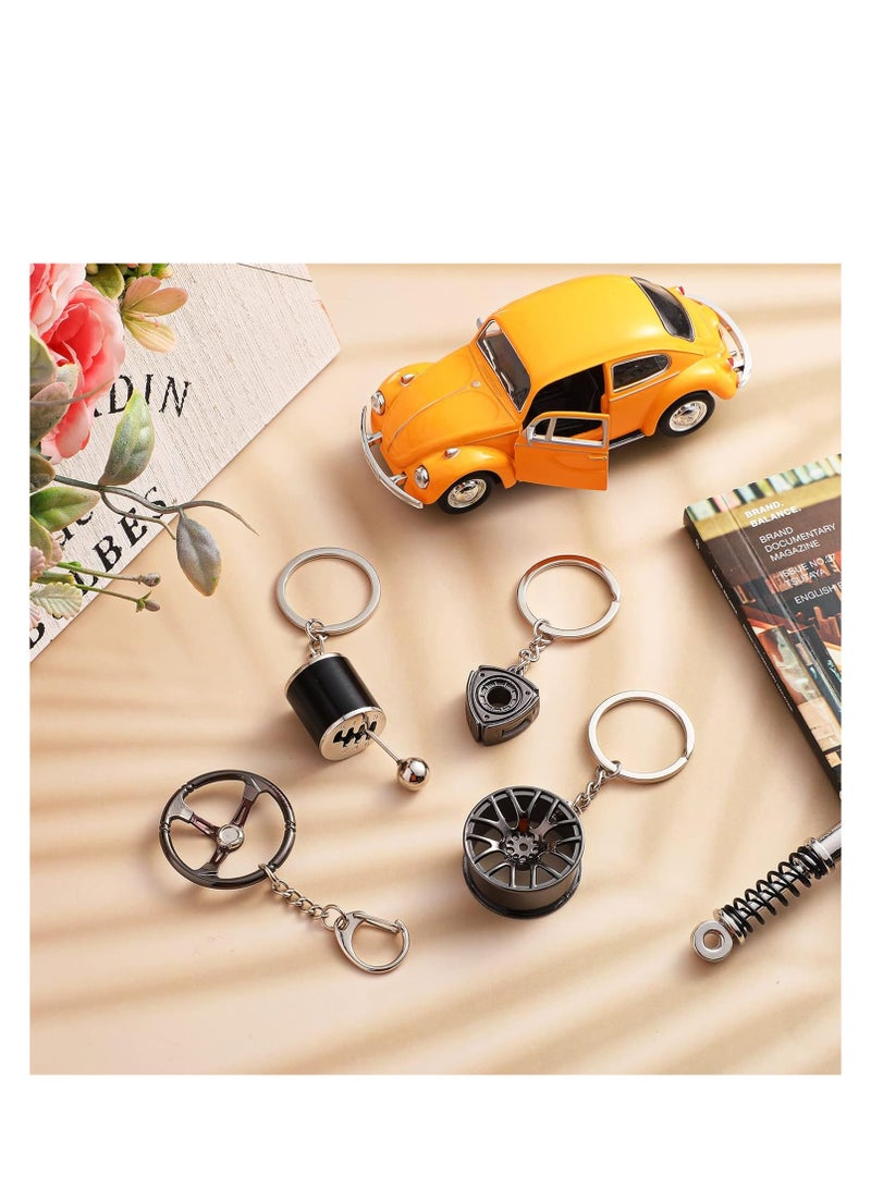 SYOSI Car Parts Model Key Chains Set, Steering Wheel Metal Keychain Tire Rim Keychain, Spring Keychain Manual, Transmission Shift Lever Key Chain Rotor Engine Key Ring Holder, 5 Pcs - Image 5