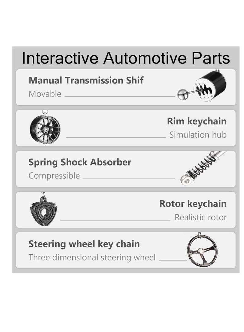 SYOSI Car Parts Model Key Chains Set, Steering Wheel Metal Keychain Tire Rim Keychain, Spring Keychain Manual, Transmission Shift Lever Key Chain Rotor Engine Key Ring Holder, 5 Pcs - Image 3