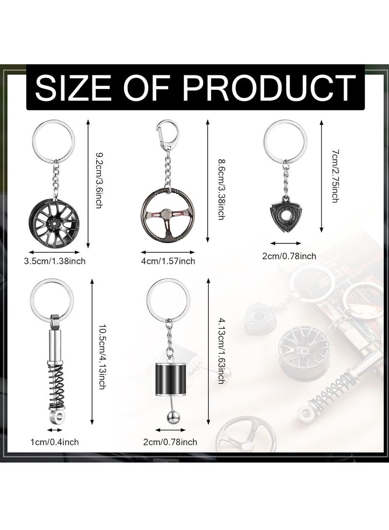 SYOSI Car Parts Model Key Chains Set, Steering Wheel Metal Keychain Tire Rim Keychain, Spring Keychain Manual, Transmission Shift Lever Key Chain Rotor Engine Key Ring Holder, 5 Pcs - Image 2