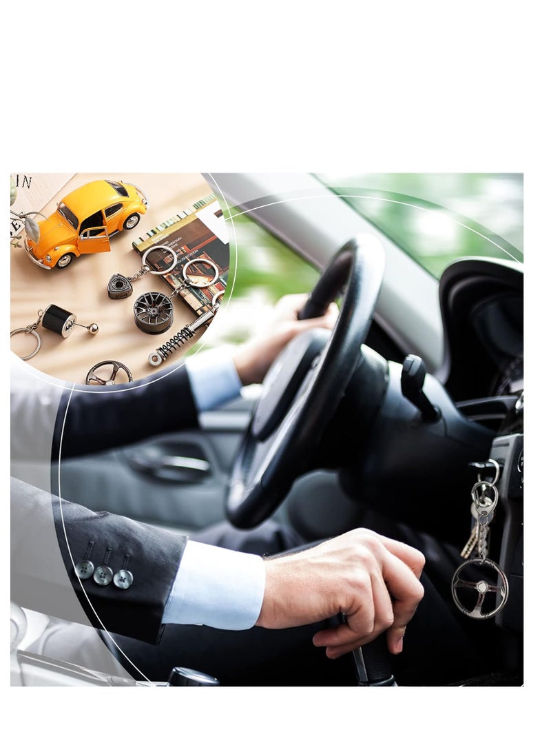 SYOSI Car Parts Model Key Chains Set, Steering Wheel Metal Keychain Tire Rim Keychain, Spring Keychain Manual, Transmission Shift Lever Key Chain Rotor Engine Key Ring Holder, 5 Pcs - Image 4