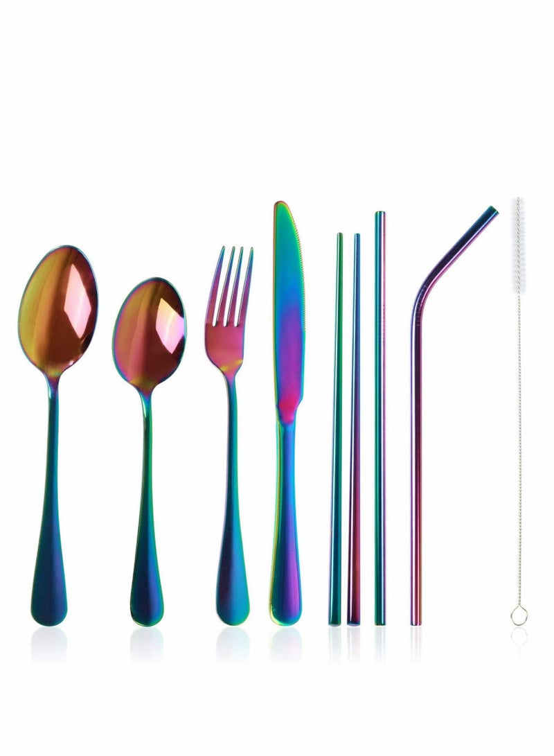 Y&D Camping Cutlery Set 8 Pieces Stainless Steel Portable Outdoor Hiking Picnic Travel Utensils, Knife Fork Spoon Chopsticks Drinking Straw Cleaning Brush Storage Box - Image 1
