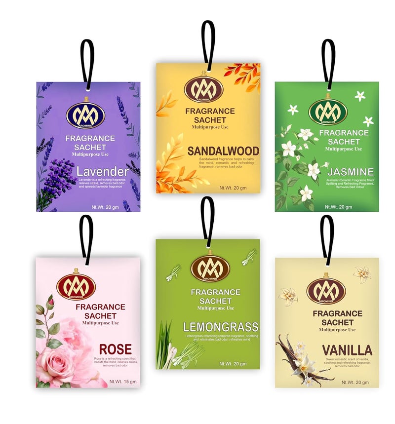 AROMIND AROMIND Fragrance Sachets Set Of 6 Lavender Sandalwood Rose Jasmine Vanilla Lemongrass Long Lasting 20gm Each Fragrance Pouch For Wardrobe Clothes Bathroom Home Car Bag Multi Use Air Packet  - Image 1