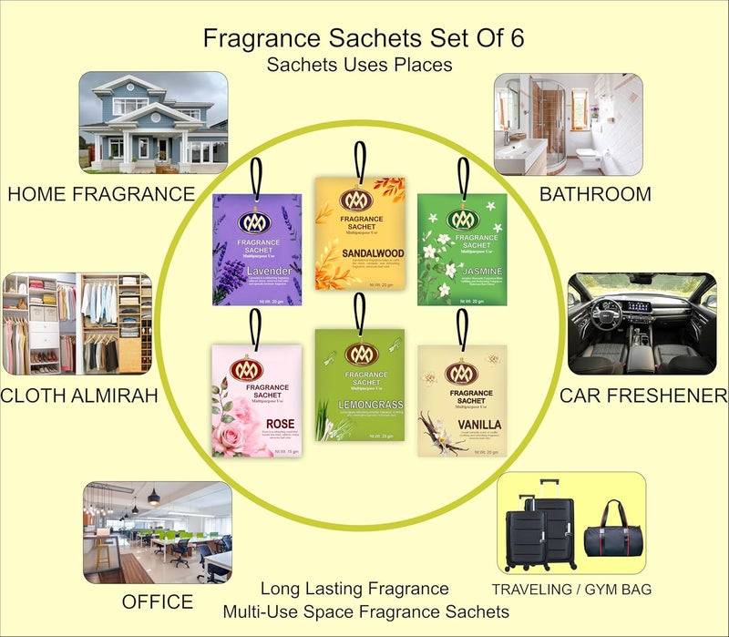 AROMIND AROMIND Fragrance Sachets Set Of 6 Lavender Sandalwood Rose Jasmine Vanilla Lemongrass Long Lasting 20gm Each Fragrance Pouch For Wardrobe Clothes Bathroom Home Car Bag Multi Use Air Packet  - Image 2