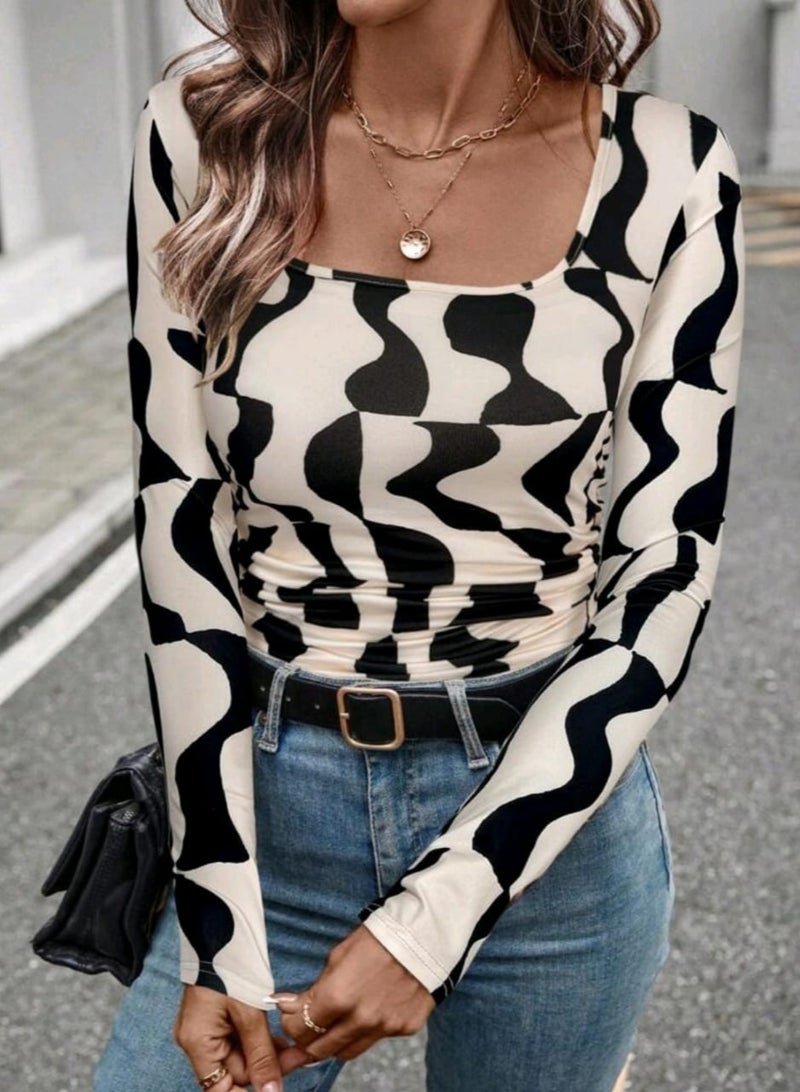 تي شيرت نسائي شي ان ضيق بأكمام طويلة ومطبوع مع خصر مشدود وأكمام طويلة - Image 2