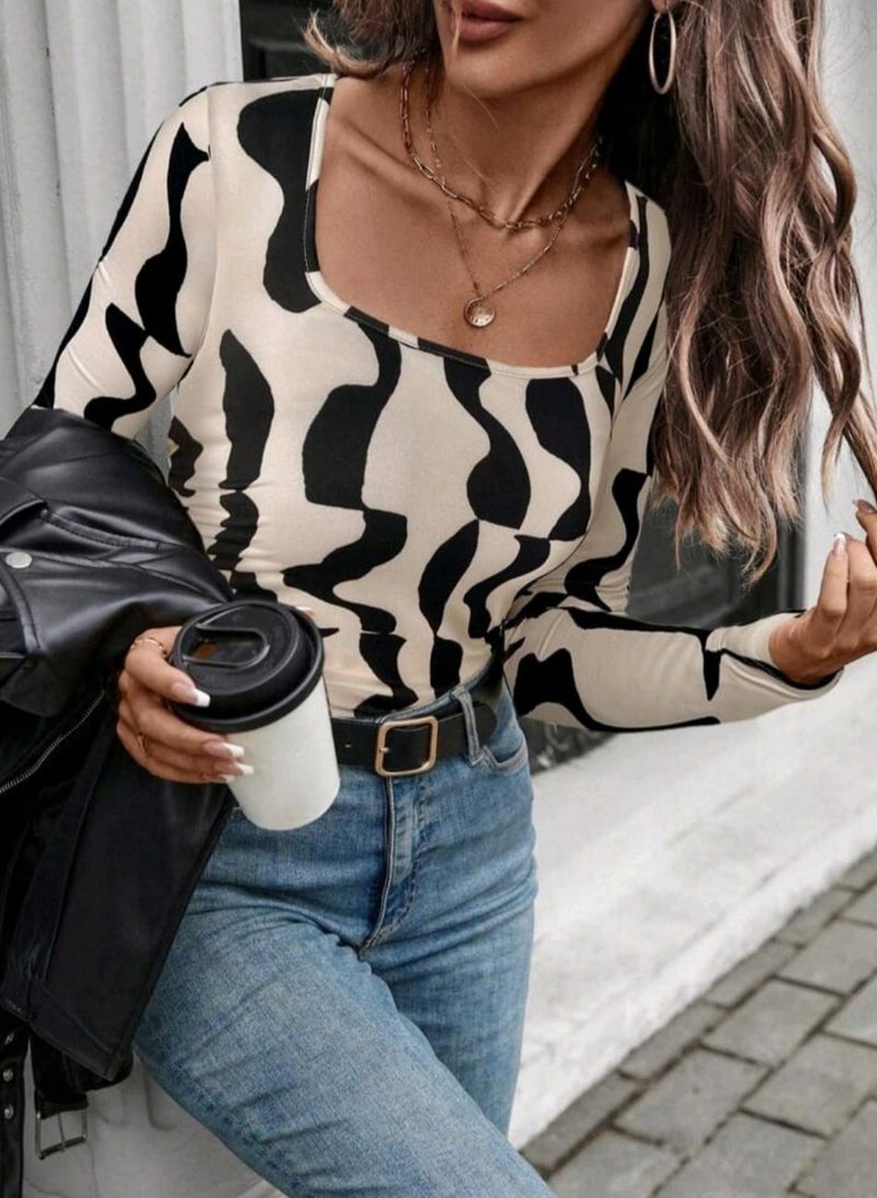 تي شيرت نسائي شي ان ضيق بأكمام طويلة ومطبوع مع خصر مشدود وأكمام طويلة - Image 4
