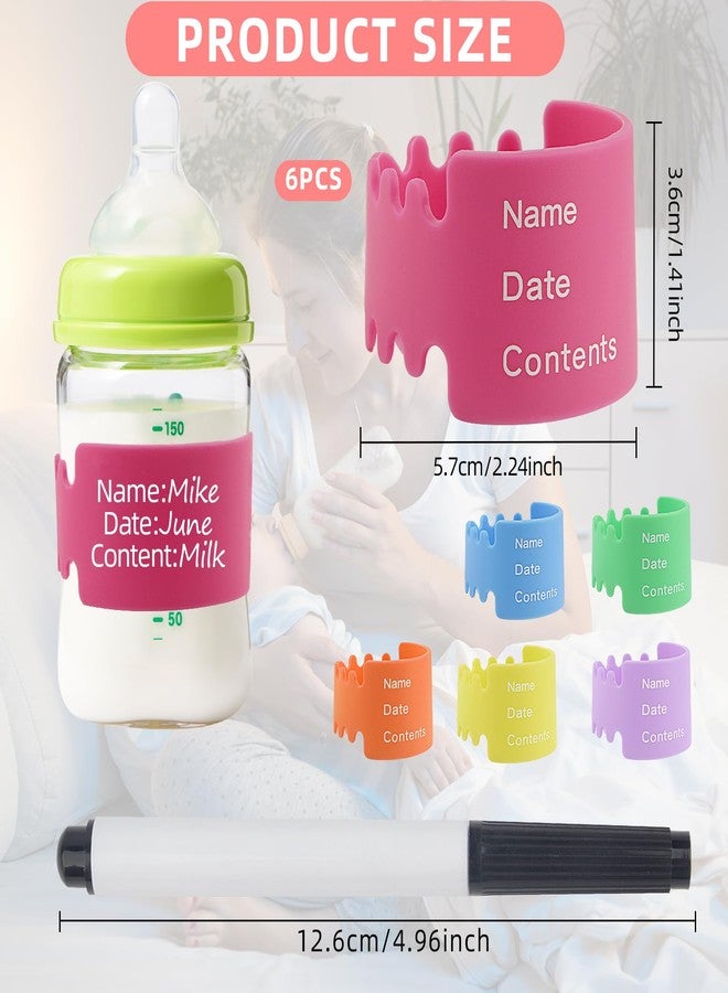 Notoke 6PCS Bottle Labels Daycare Reusable, Waterproof Silicone Baby Bottle Labels for Daycare,Write and Reuse Sippy Cup Bands Baby Bottle Labels with Marker(6 Color) - Image 2