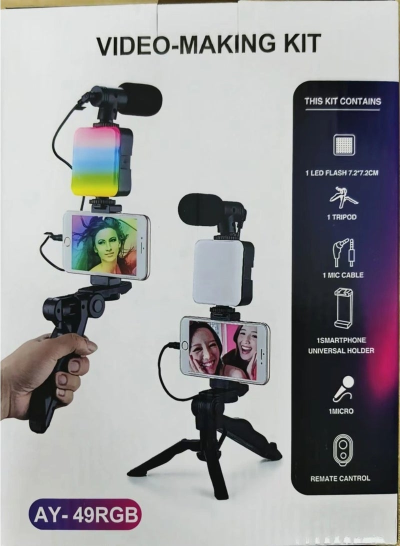 TIGER AY49 RGB Smartphone Vlogging Kit with Tripod, Dimmable LED Light & Wireless Microphone – All-in-One Content Creation Set for YouTube, TikTok, Instagram Reels, and Live Streaming – Adjustable Phone Mount, Rechargeable & Portable Setup - Image 4