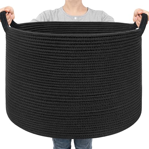 Goodpick Large Blanket Basket 22X 14 Woven Rope Baby Basket Black Blanket Storage for Dirty Clothes Kids Toy Storage Organizer Bins for Living Room - Image 1