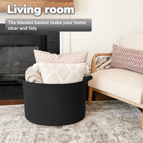Goodpick Large Blanket Basket 22X 14 Woven Rope Baby Basket Black Blanket Storage for Dirty Clothes Kids Toy Storage Organizer Bins for Living Room - Image 3