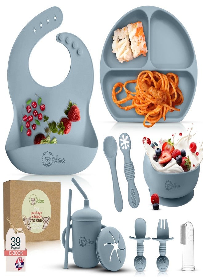 O'doe 11-Piece BPA-Free Silicone Baby Feeding Set | Thick & Soft Suction Plates, Baby Food Bowl, Wooden Fork & Spoon, and More | Make Mealtime Fun and Easy for Your Little One | Blue V1 - Image 1