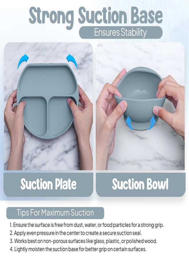 O'doe 11-Piece BPA-Free Silicone Baby Feeding Set | Thick & Soft Suction Plates, Baby Food Bowl, Wooden Fork & Spoon, and More | Make Mealtime Fun and Easy for Your Little One | Blue V1 - Image 3