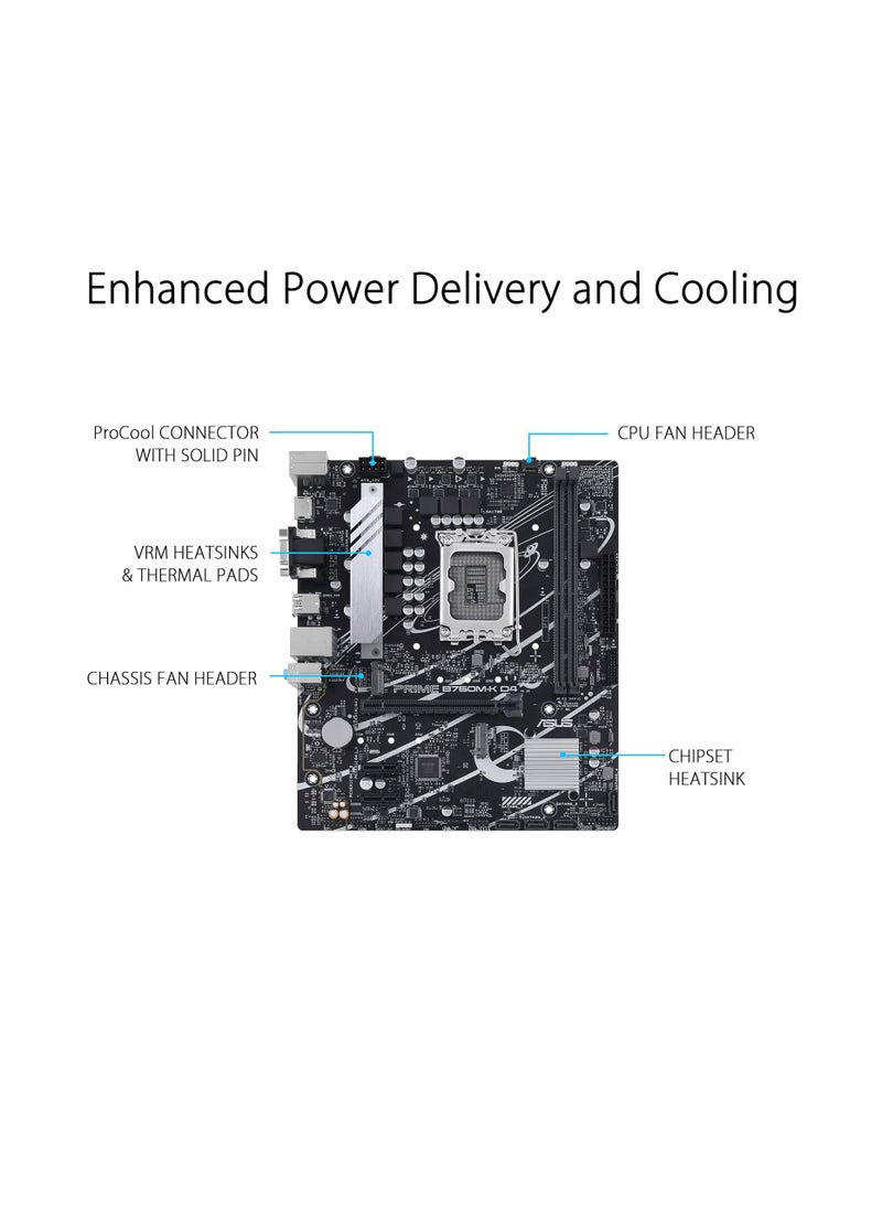 Generic - Prime B760M-K, Intel B760 LGA 1700 mATX motherboard with PCIe 4.0, two PCIe 4.0 M.2 slots, DDR5, Realtek 2.5Gb Ethernet, VGA, HDMI, SATA 6 Gbps, Front USB 3.2 Gen 1, Aura Sync - Black - Image 1