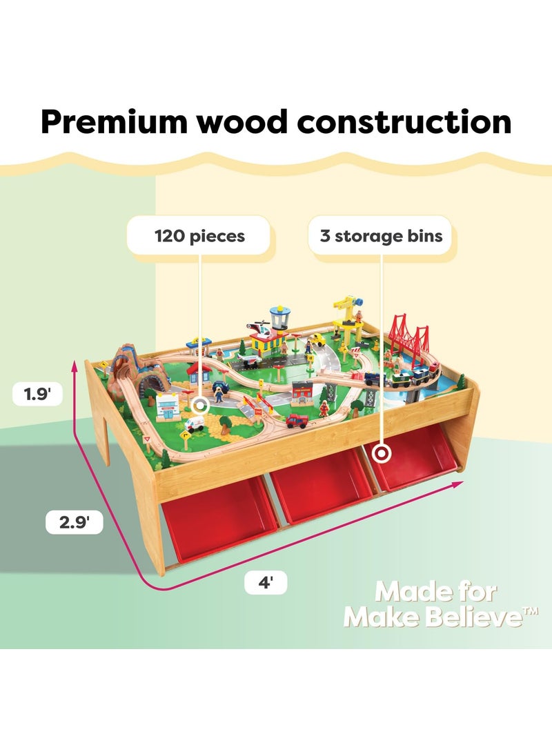 KidKraft KidKraft Waterfall Mountain Wooden Train Set  Table with 120 Pieces 3 Storage Bins  - Image 4