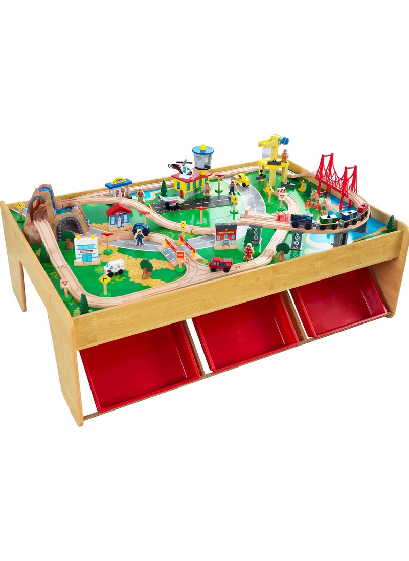 KidKraft KidKraft Waterfall Mountain Wooden Train Set  Table with 120 Pieces 3 Storage Bins  - Image 1