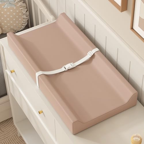 YACODAVO Wipeable Baby Changing Pad for Dresser and Table, Cozy Diaper Changing Pad with Waterproof & Wipe-Clean Leather Cover, Light Brown - Image 1