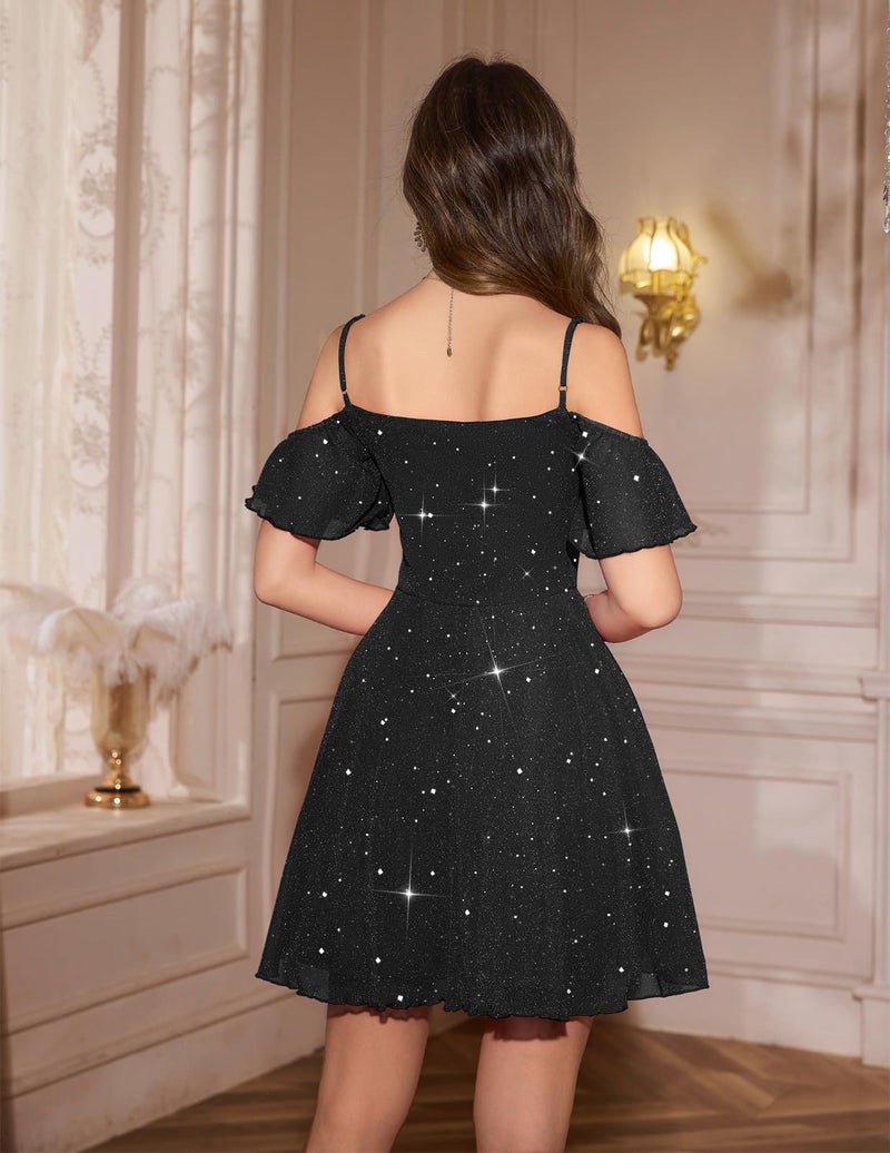 Meetjen Women's Cocktail Party Dress Knee Length Swing Glitter Off Shoulder Fairy Teen Formal Birthday Tulle Prom Dresses for Teen Black S - Image 3
