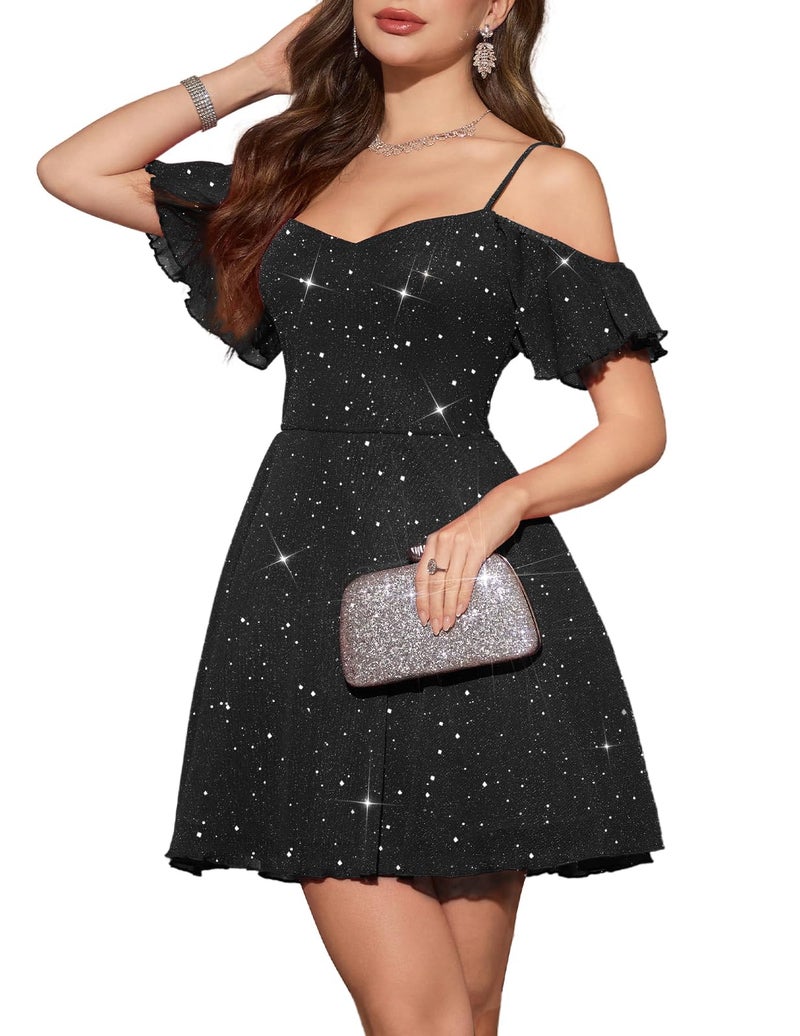 Meetjen Women's Cocktail Party Dress Knee Length Swing Glitter Off Shoulder Fairy Teen Formal Birthday Tulle Prom Dresses for Teen Black S - Image 1