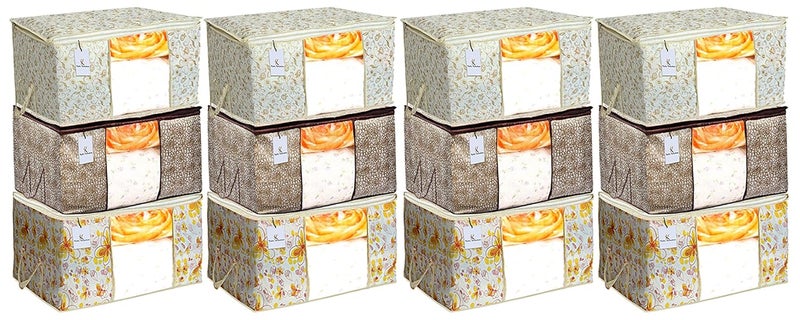 Kuber Industries Metalic Printed 12 Piece Non Woven Fabric Underbed Storage BagCloth OrganiserBlanket Cover with Transparent Window Brown Golden Brown Ivory Red CTKTC41272 - Image 1