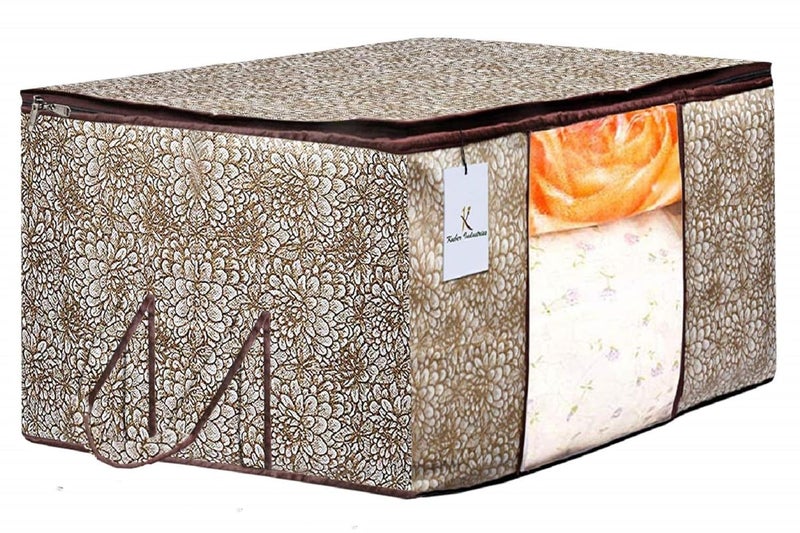 Kuber Industries Metalic Printed 12 Piece Non Woven Fabric Underbed Storage BagCloth OrganiserBlanket Cover with Transparent Window Brown Golden Brown Ivory Red CTKTC41272 - Image 4