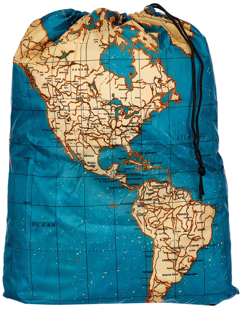 KIKKERLAND Kikkerland TravelSize Laundry Bag World Map Design Heavy Duty Laundry Bag Polyester Builtin Pouch Inner Loop and Carabineer Multicolor 