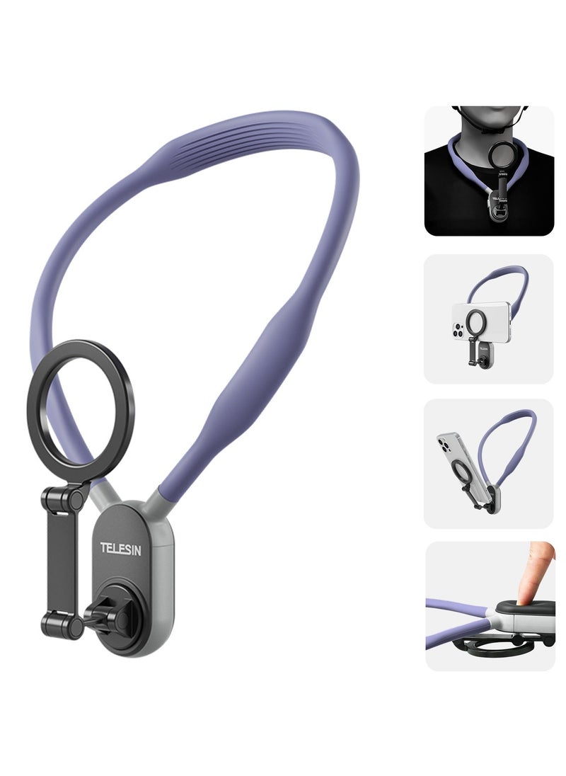 TELESIN Magnetic Neck Mount for Phones, Cell Phone Holder Stand Hanging on Neck POV/Vlog Selfie Hand Free Necklace Phone Strap Video Recording for iPhone 15 14 13 12 Series Android Phones (Purple)  - Image 1