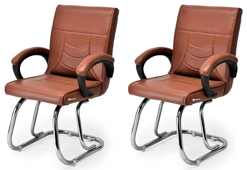 SOMRAJ Luxury Chair Office Reception Chair Visitor Study Desk Home Chair Made of Heavy Steel Frame 2 Brown Double Pipe Chrome Frame