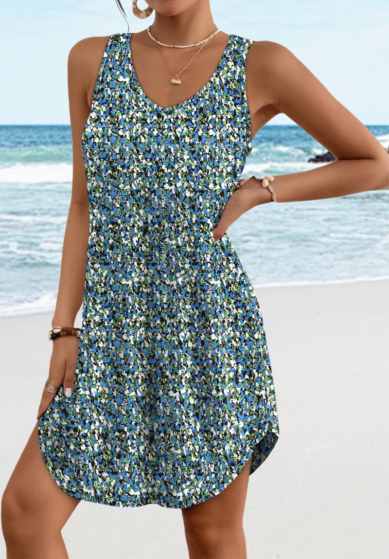 Aokosor Summer Dresses for Women 2025 Vacation Loose V Neck Swing T Shirt Casual Dress Sundresses Floral Blue M - Image 2