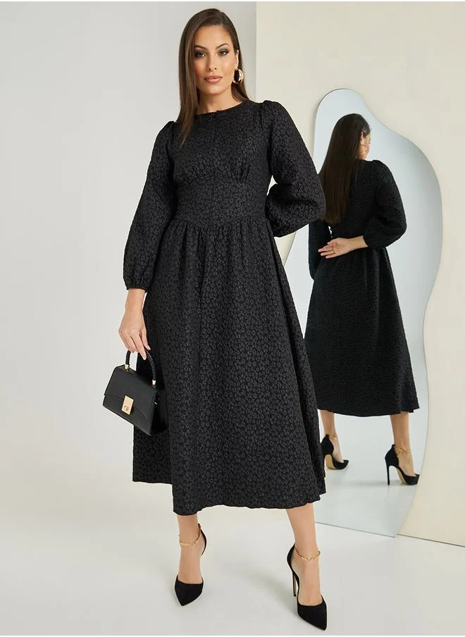 Styli Floral Textured Fit and Flare A-Line Midi Dress