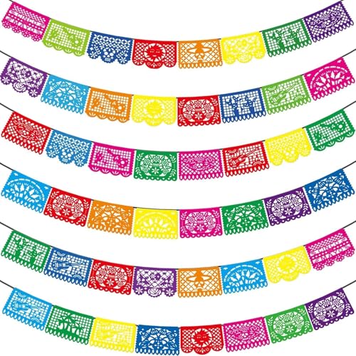 Asoulin 6PCS Mexican Party Decorations, 90FT Plastic Papel Picado Fiesta Party Banners, Dia De Los Muertos, Day of The Dead Decorations, Cinco De Mayo Decor, Mexican Theme Birthday Party Decorations - Image 1