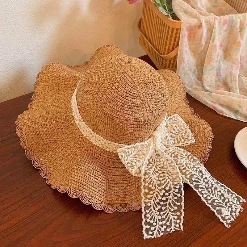 Summer Casual Straw Hat with Lace Trim - Sun Protection & Breathable Wide Brim Hat for Beach Outdoor