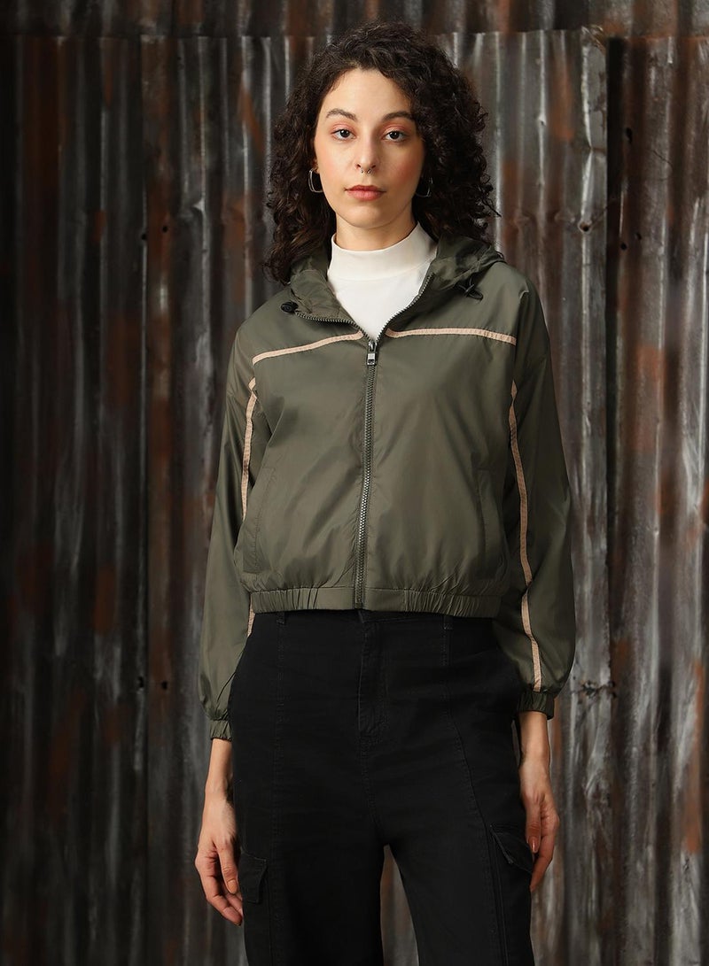 HIGH STAR Women's Olive 100% Polyester Solid Oversized Jacket - Image 1
