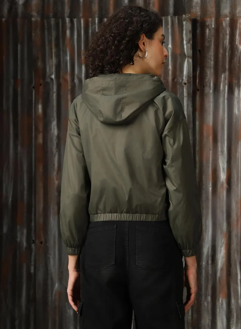 HIGH STAR Women's Olive 100% Polyester Solid Oversized Jacket