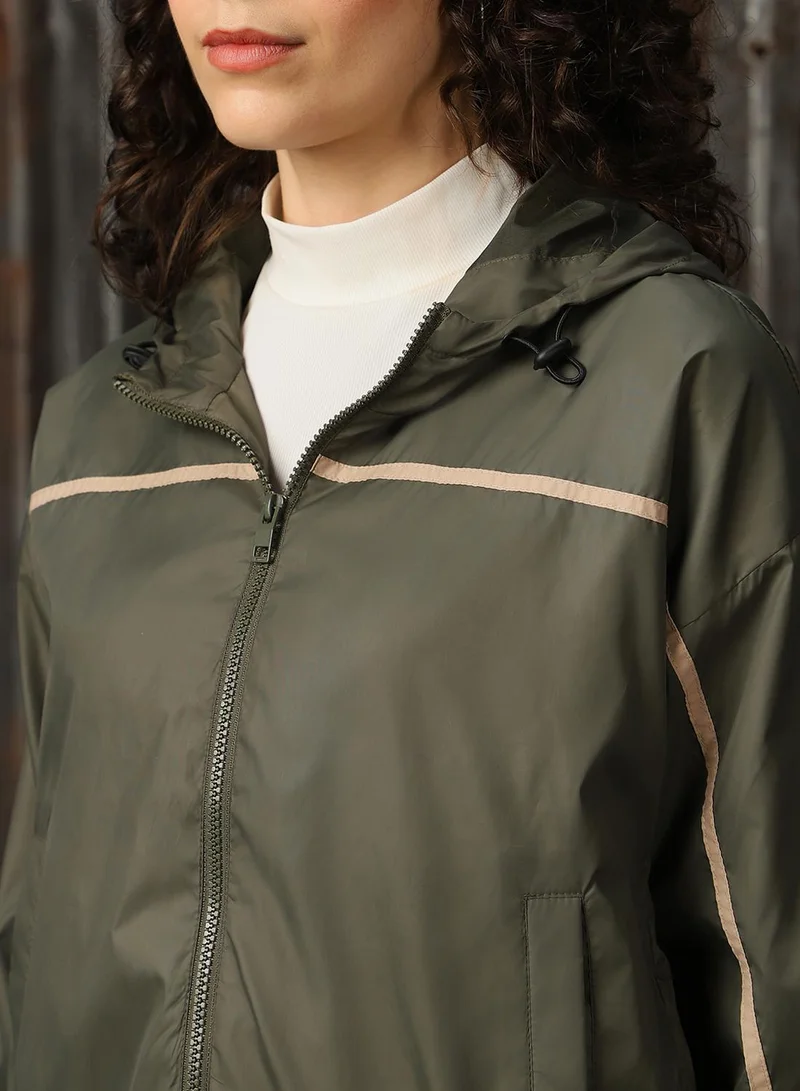 HIGH STAR Women's Olive 100% Polyester Solid Oversized Jacket