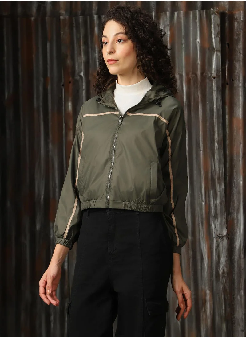 HIGH STAR Women's Olive 100% Polyester Solid Oversized Jacket