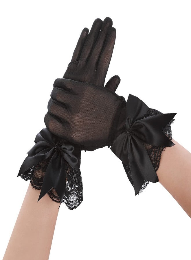 Yolev Women's Lace Gloves with Bow Short Tea Party Gloves Ladies Bridal Glove for Wedding Party Banquet (Black) - Image 1