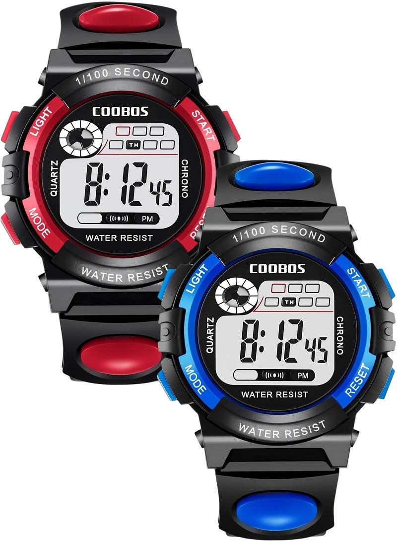 COOBOS 2Pcs Kids Water Resistant Rubber Digital Watch Black/Blue/Red - Image 1