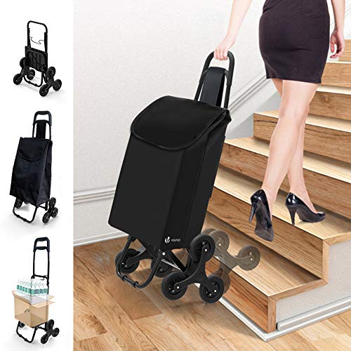 VOUNOT Folding Shopping Trolley on 6 Wheels Stair Climbing Shopping Cart Grocery Trolley Black