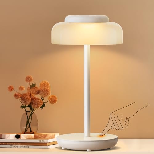 QiMH Battery Operated LED Table Lamp 5000mAh Rechargeable Cordless Lamp Stepless Dimmable Touch Control Small Waterproof Desk Night Light for Living Room Bedroom Outdoor Bar White