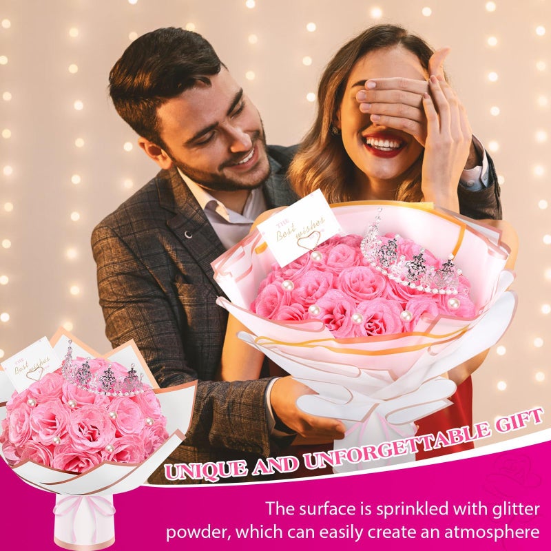 TLY Glitter Roses Bouquet, Pink Flower Bouquet, DIY Fake Rose Flowers, Birthday Gifts for Women, Artificial Rose with Wrapping Paper Crowns Cards for Mother's Day Anniversary Engagement Wedding - Image 5