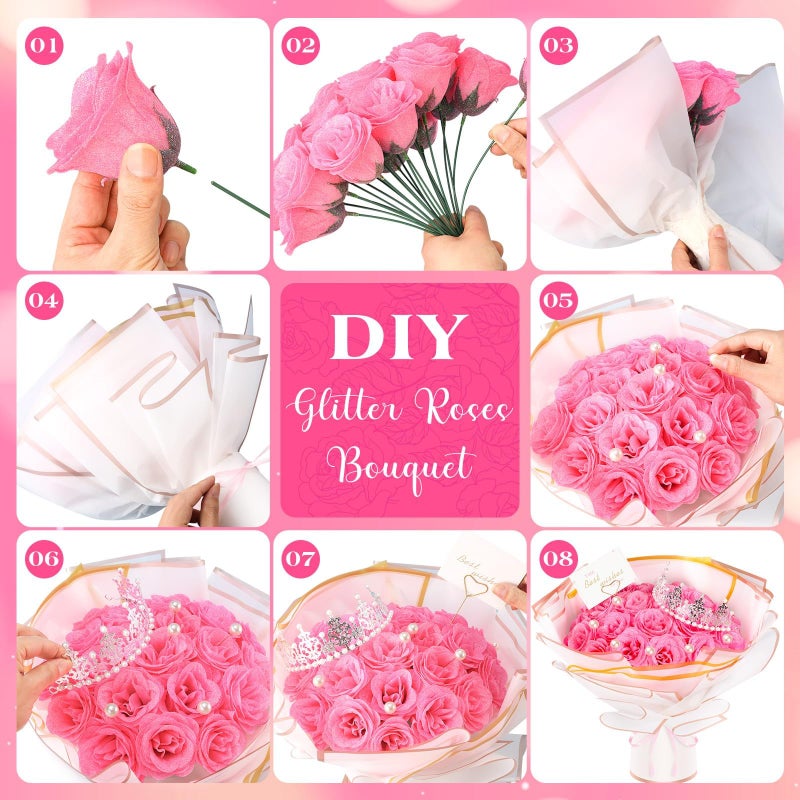 TLY Glitter Roses Bouquet, Pink Flower Bouquet, DIY Fake Rose Flowers, Birthday Gifts for Women, Artificial Rose with Wrapping Paper Crowns Cards for Mother's Day Anniversary Engagement Wedding - Image 3