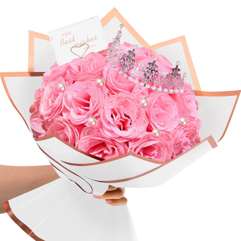 TLY Glitter Roses Bouquet, Pink Flower Bouquet, DIY Fake Rose Flowers, Birthday Gifts for Women, Artificial Rose with Wrapping Paper Crowns Cards for Mother's Day Anniversary Engagement Wedding - Image 1