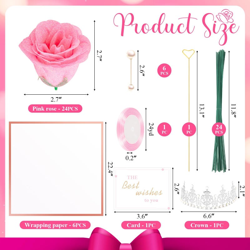 TLY Glitter Roses Bouquet, Pink Flower Bouquet, DIY Fake Rose Flowers, Birthday Gifts for Women, Artificial Rose with Wrapping Paper Crowns Cards for Mother's Day Anniversary Engagement Wedding - Image 2