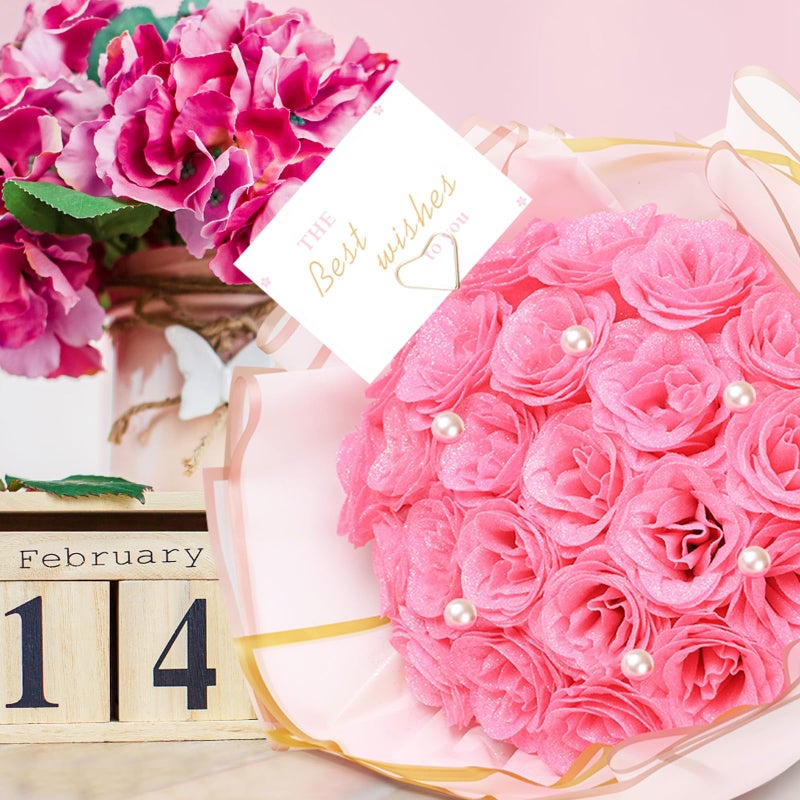 TLY Glitter Roses Bouquet, Pink Flower Bouquet, DIY Fake Rose Flowers, Birthday Gifts for Women, Artificial Rose with Wrapping Paper Crowns Cards for Mother's Day Anniversary Engagement Wedding - Image 4