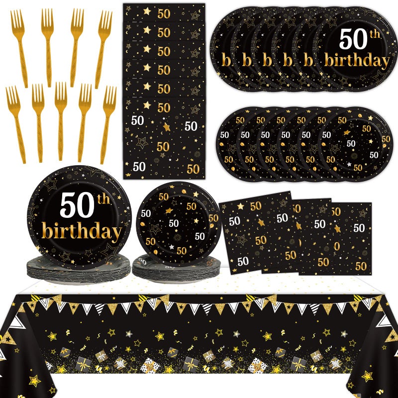 gisgfim 24 Guests 50th Birthday Party Supplies Plates Napkins Tablecloths for Men 50 Years Old Birthday Decorations Black Gold Cheers to 50 Disposable Tableware Set Man Women Bday Party Decor Favors - Image 2