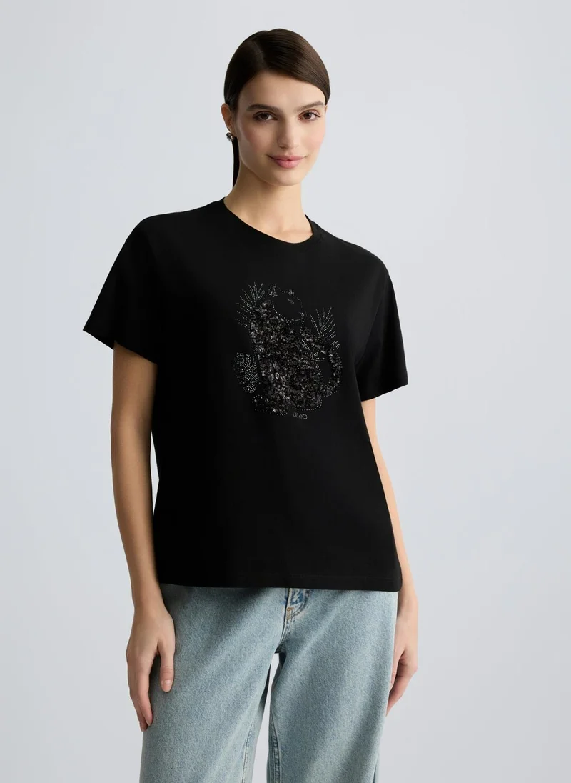 Liu Jo Cotton T-shirt with sequins and rhinestones