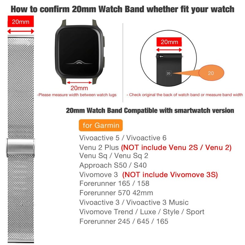Abanen for Garmin Venu 2 Plus/Venu Sq 2 / Vivoactive 5 Watch Band, 20mm Quick Release Metal Mesh Stainless Steel Wristband Strap for Vivomove Sport/Trend (Silver) - Image 3