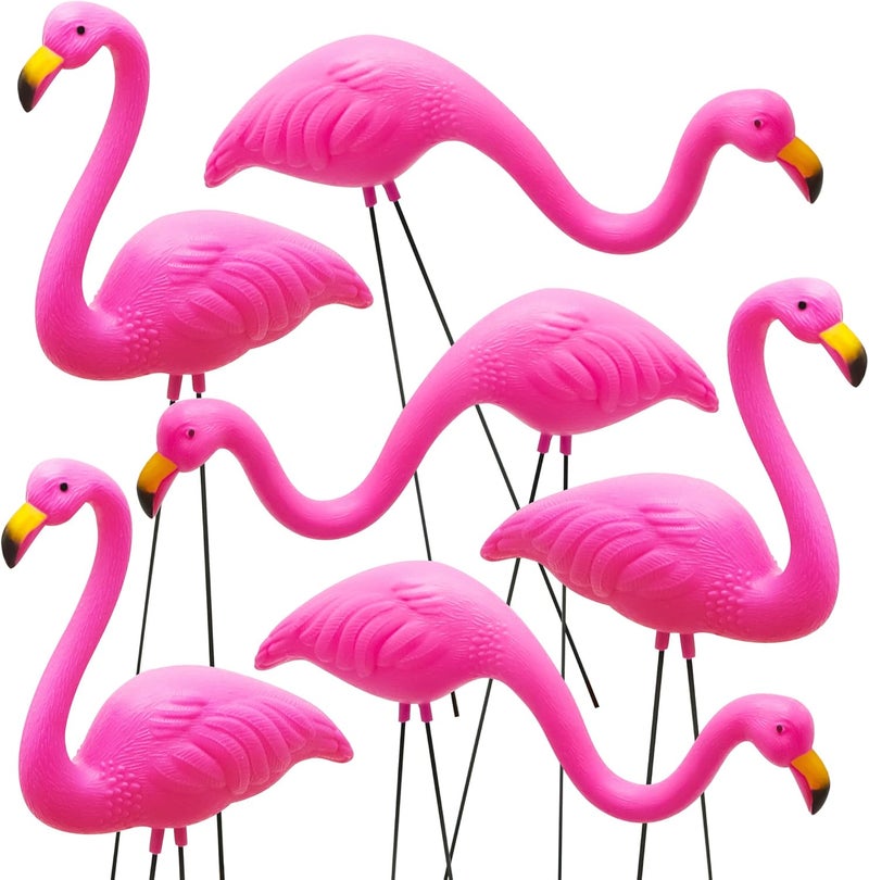 JOYIN Set of 6 Small Pink Flamingo Yard Ornament Stakes, Mini Lawn Plastic Flamingo Statue with Metal Legs for Sidewalks, Outdoor Garden, Luau Party, Tropical Party Decor, 2 Styles - Image 1
