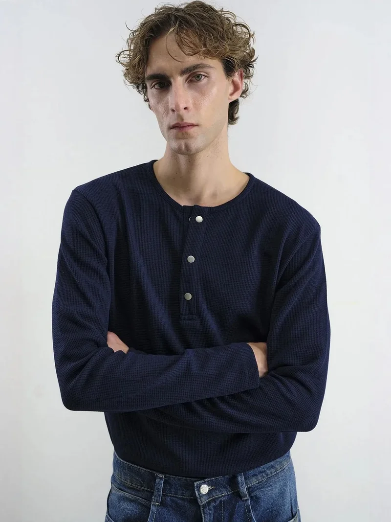 Giesto Navy Blue GIESTO Long Sleeve Button Collar T-Shirt for Men | Best Price UAE